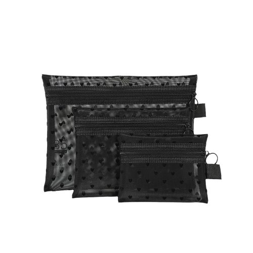 heart print mesh portable cosmetic bag set for travel, toiletries & accessories (black)