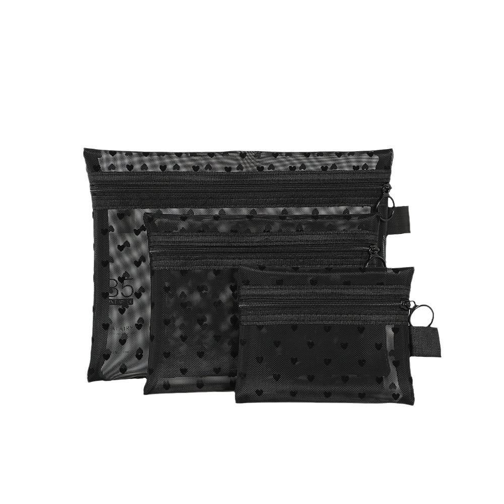 heart print mesh portable cosmetic bag set for travel, toiletries & accessories (black) heart print mesh portable cosmetic bag set for travel, toiletries & accessories (black)
